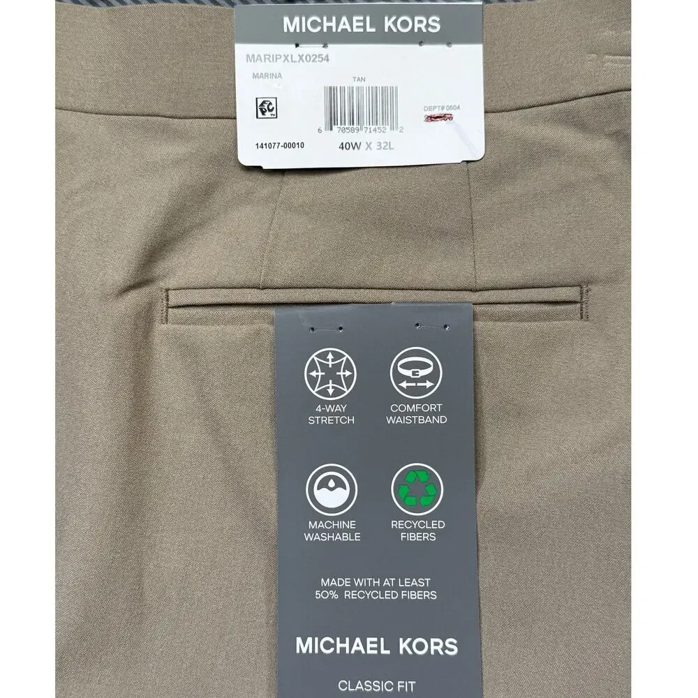 Michael Kors Men's Pleated Solid Classic Fit Pants Tan 40x32 $95